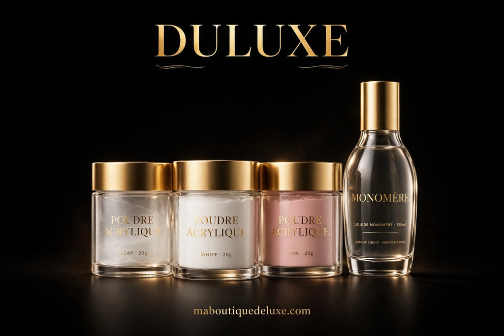 Kit Poudre Acrylique + Monomère 8 pcs — vue épurée fond noir, très premium