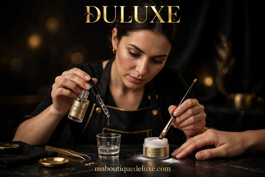 Monomère Liquide Acrylique Limegirl — en situation d'usage, pinceau trempé dans le monomère