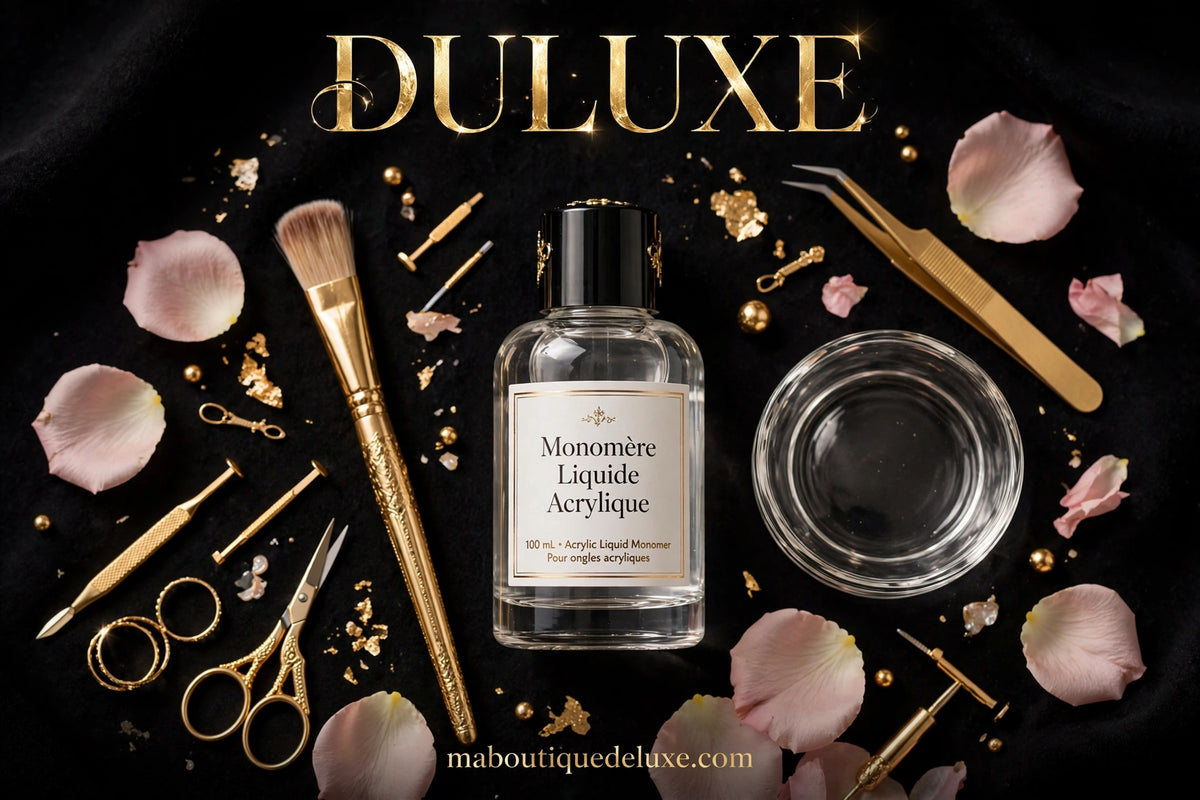 Monomère Liquide Acrylique Limegirl — avant le rituel beauté, accessoires dorés