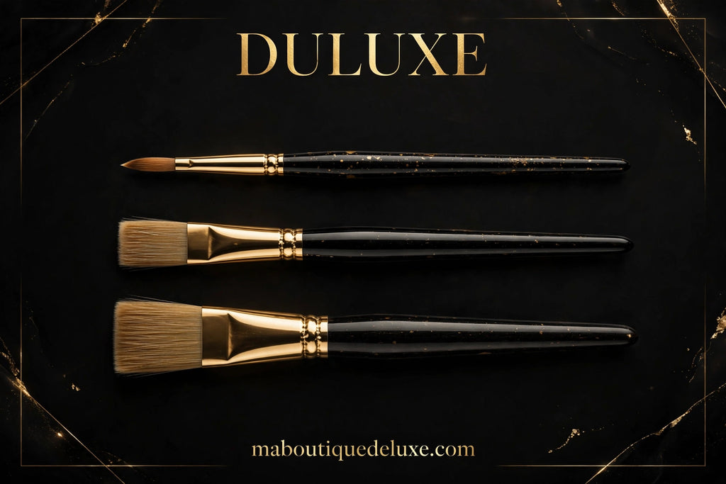 Set de 3 Pinceaux Acryliques Professionnels — vue épurée fond noir, très premium