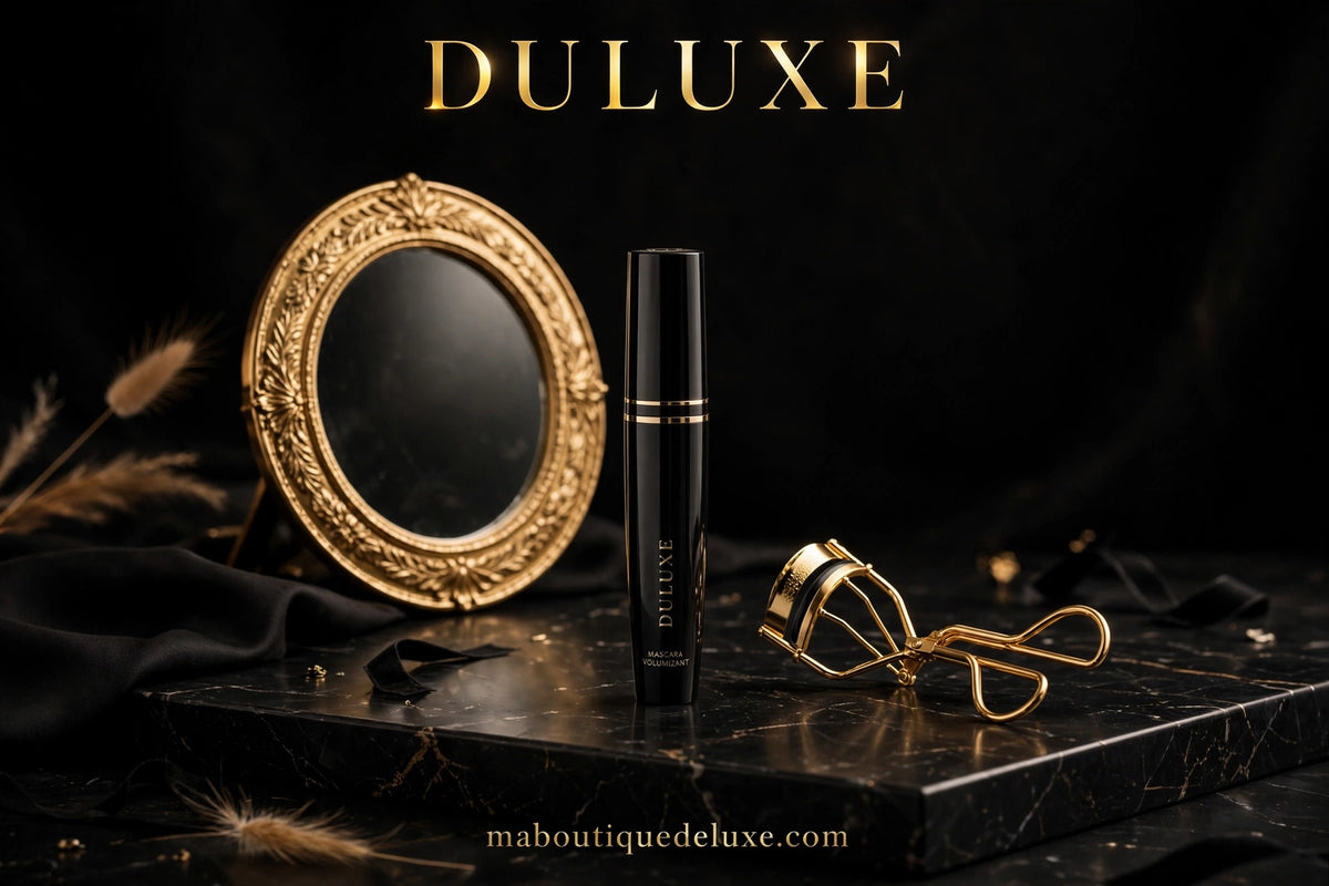 Mascara 5D Waterproof Allongeant — ambiance salon de beauté, coiffeuse élégante