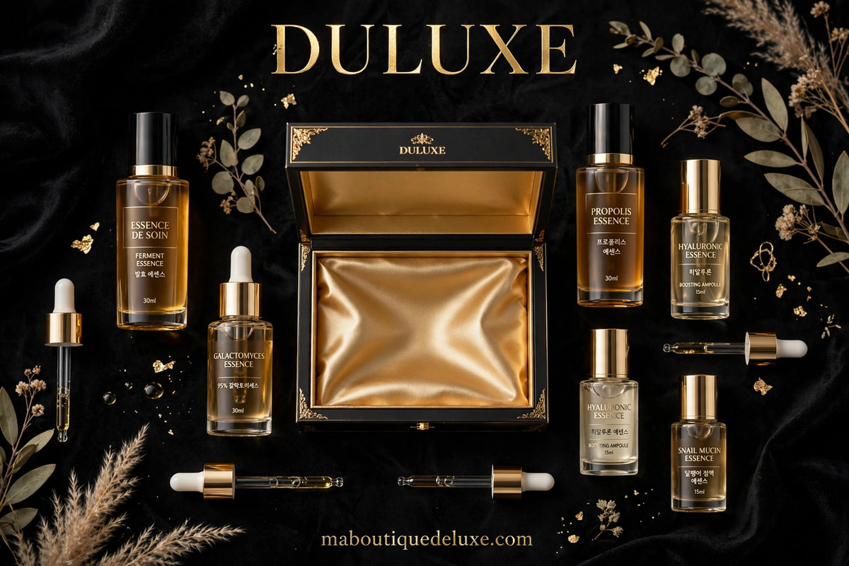 Lotion Essence Skincare Coréenne Mesohel — avec son coffret, contenu étalé proprement
