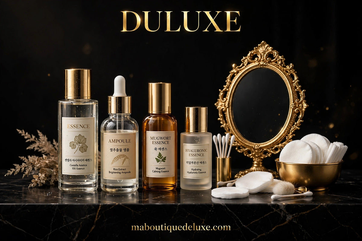 Lotion Essence Skincare Coréenne Mesohel — ambiance salon de beauté, coiffeuse élégante