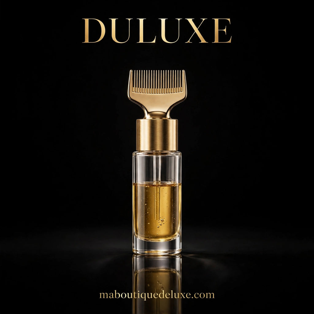 Applicateur d'Huile Capillaire à Dents Métalliques — vue épurée fond noir, très premium