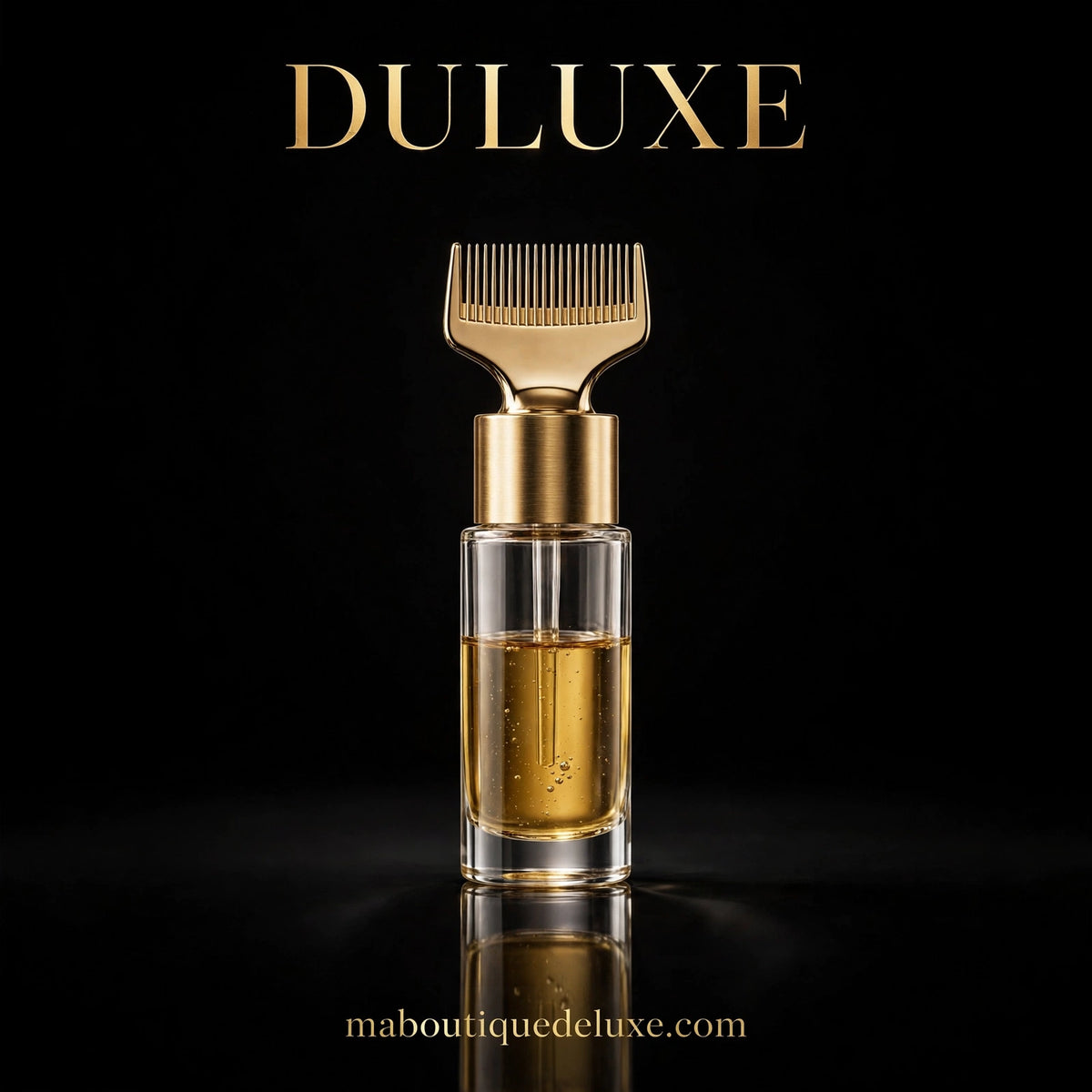 Applicateur d'Huile Capillaire à Dents Métalliques — vue épurée fond noir, très premium