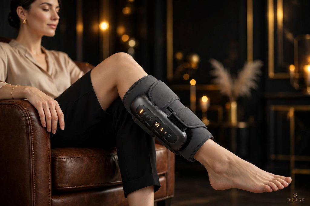 Masseur de jambes électrique sans fil DULUXE enroulé autour d'un mollet, ambiance détente premium