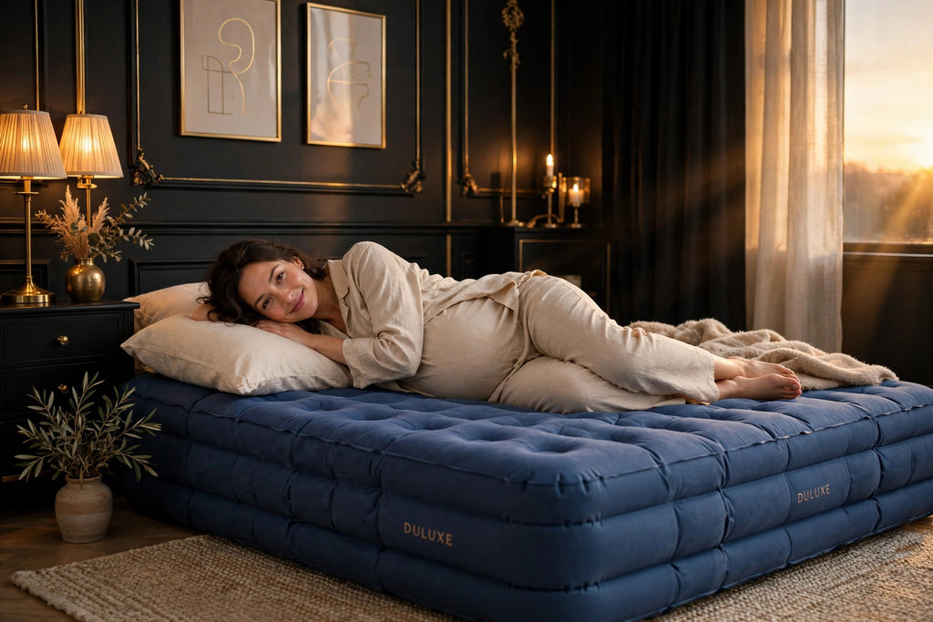 Matelas Corporel Gonflable de Grossesse DULUXE Bleu – future maman allongée confortablement sur le côté, corps entier soutenu