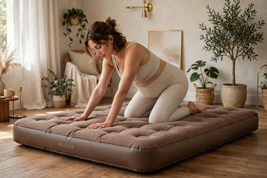 Étirements doux et yoga prénatal léger sur le Matelas Corporel Gonflable de Grossesse DULUXE Brun