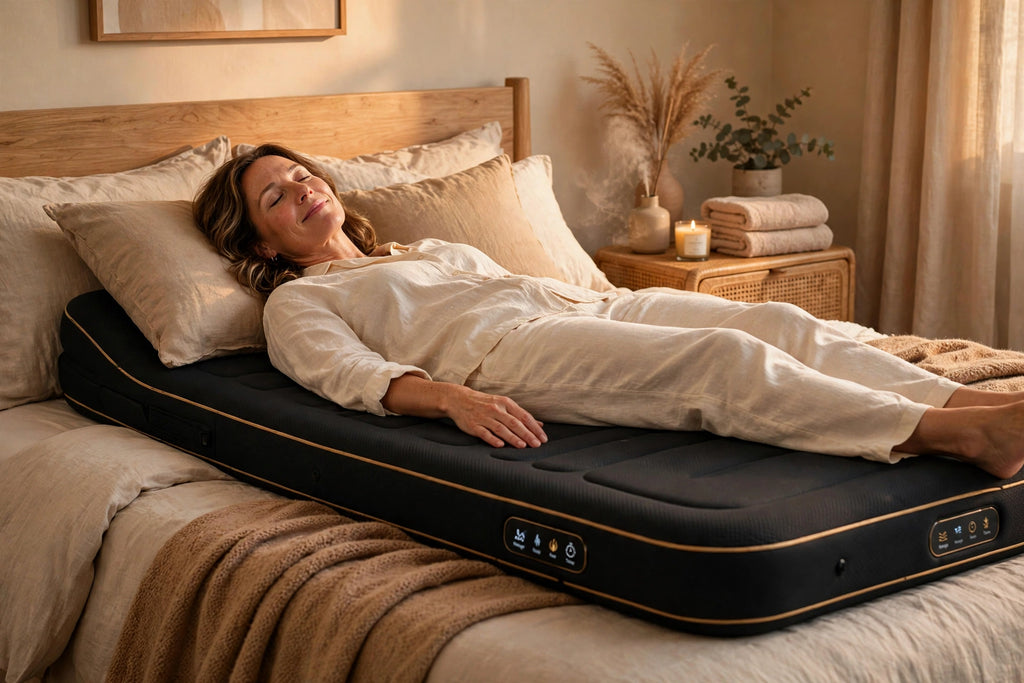 Femme allongée sur le Matelas de Massage Électrique DULUXE, moment de détente à domicile