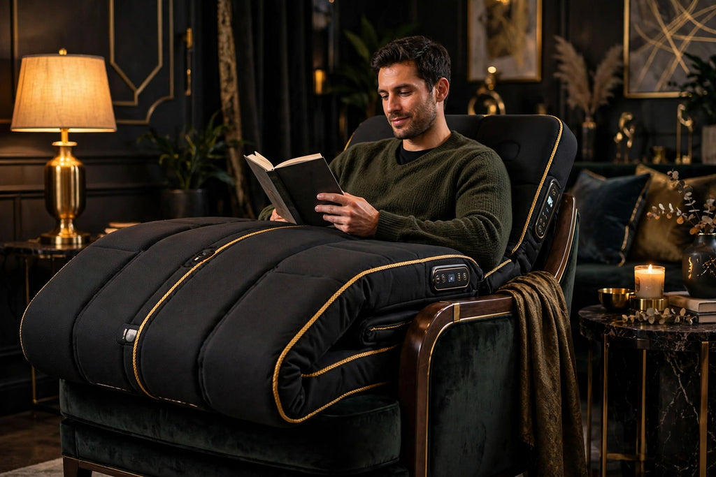 Matelas de Massage DULUXE pliable installé sur un fauteuil, détente dans le salon