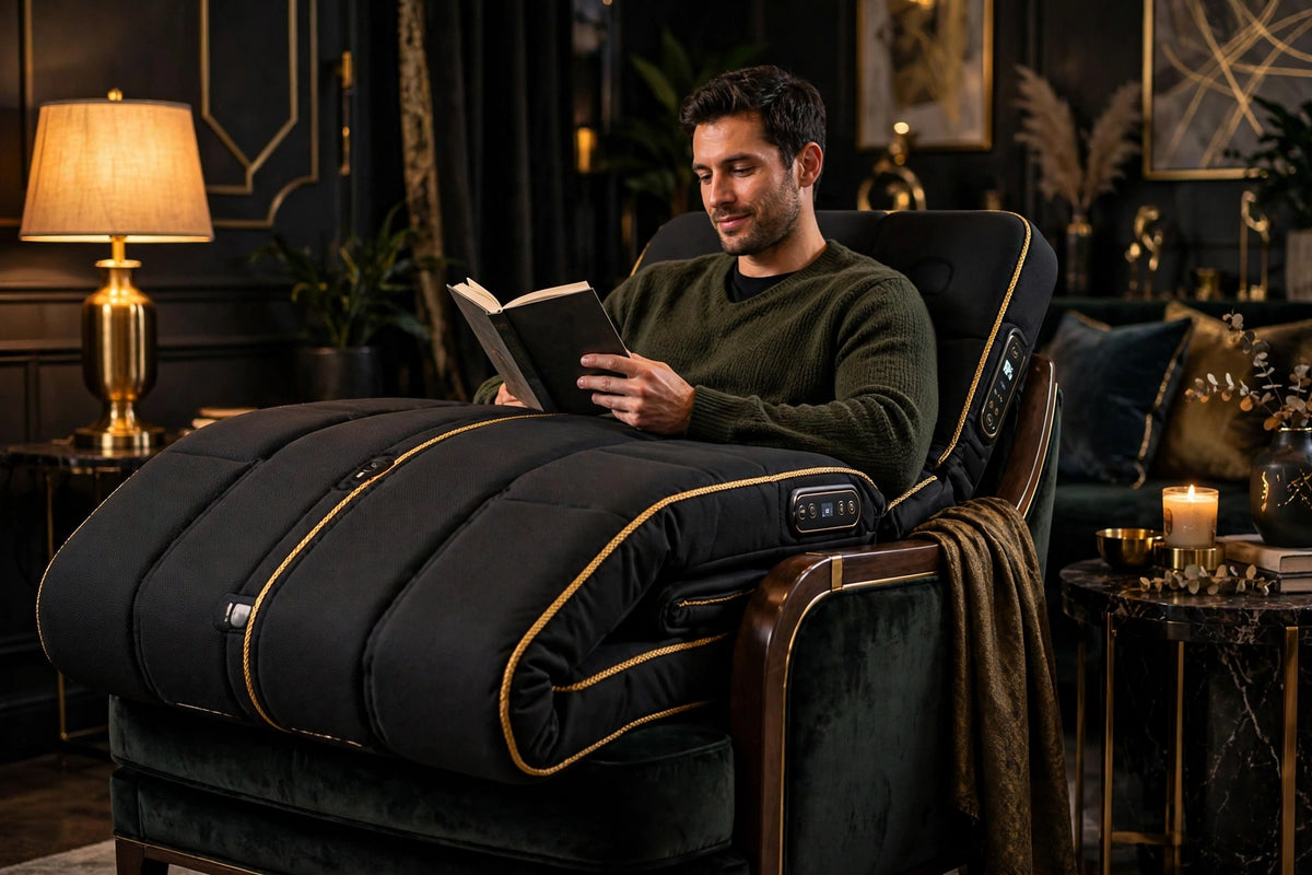 Matelas de Massage DULUXE pliable installé sur un fauteuil, détente dans le salon