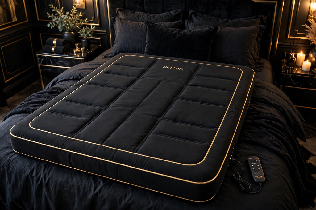 Matelas de Massage Électrique Corps Entier DULUXE – matelas noir et doré déployé sur un lit, télécommande à côté