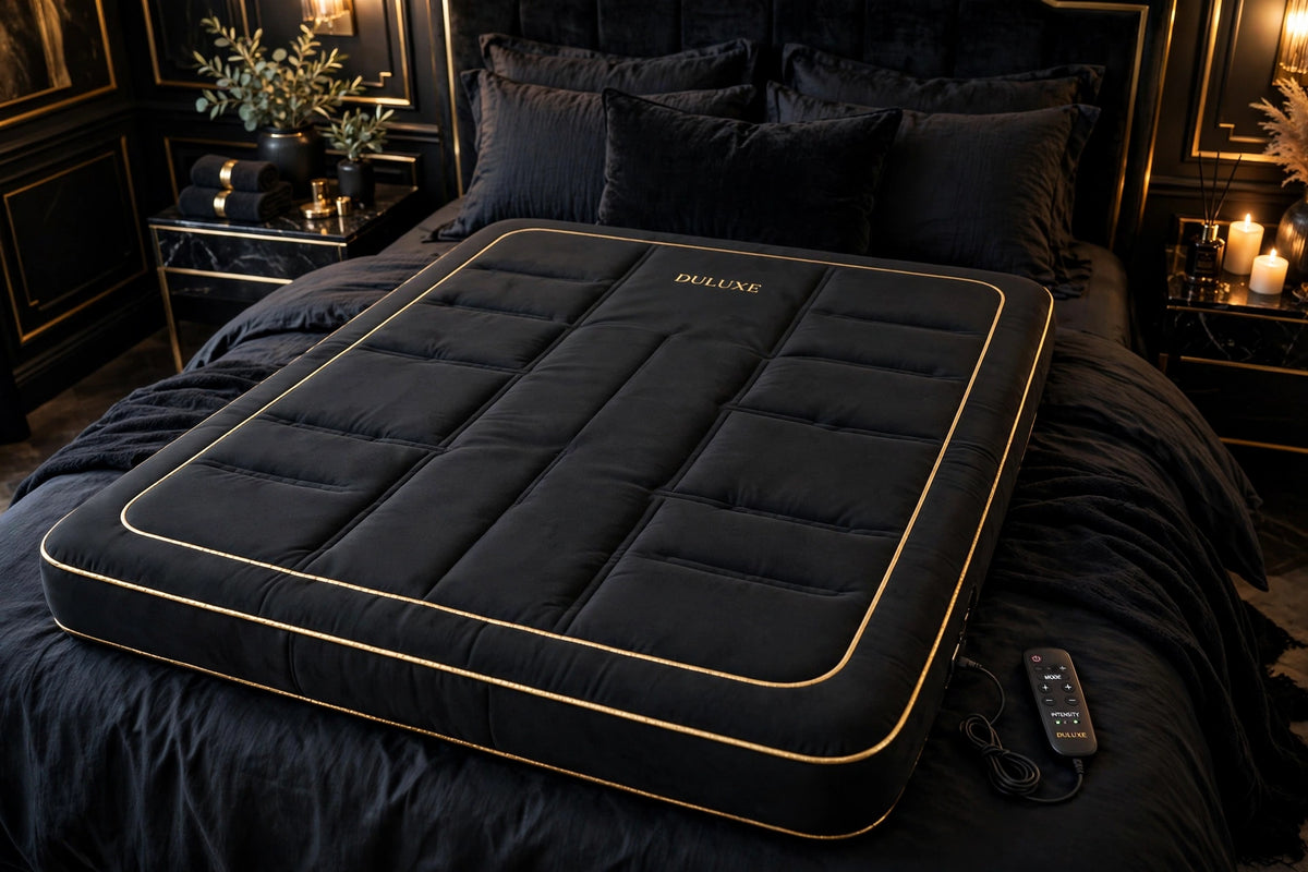 Matelas de Massage Électrique Corps Entier DULUXE – matelas noir et doré déployé sur un lit, télécommande à côté
