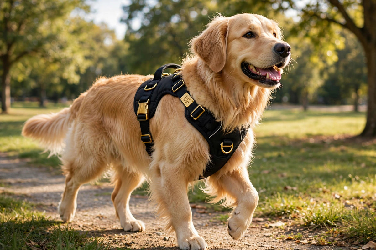Golden retriever portant le harnais anti-traction DULUXE au parc