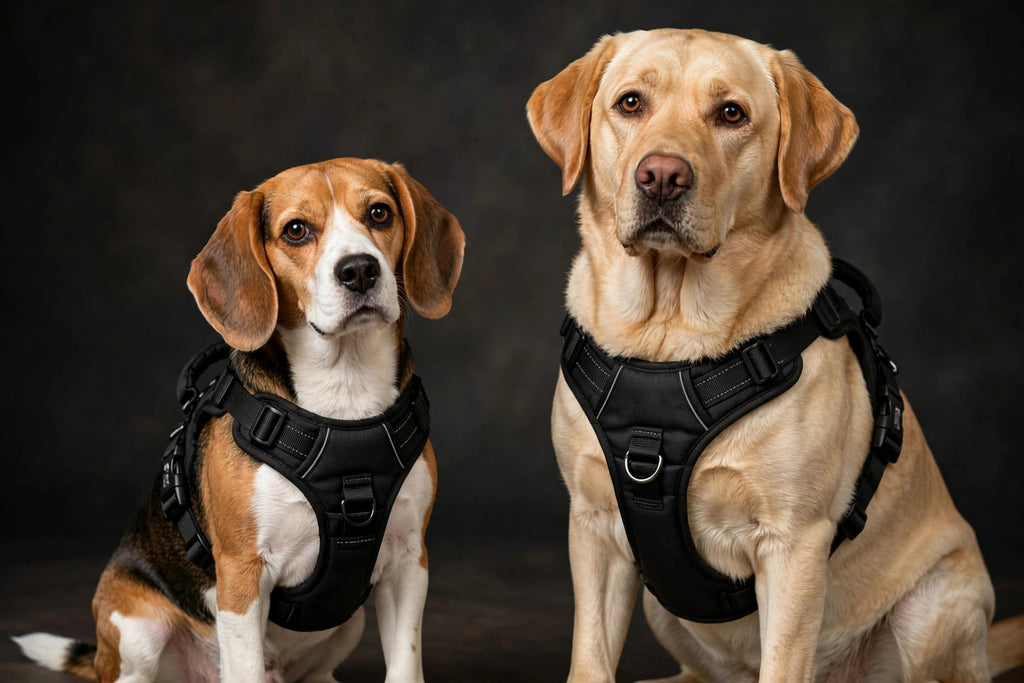 Petit et grand chiens portant le harnais anti-traction en différentes tailles