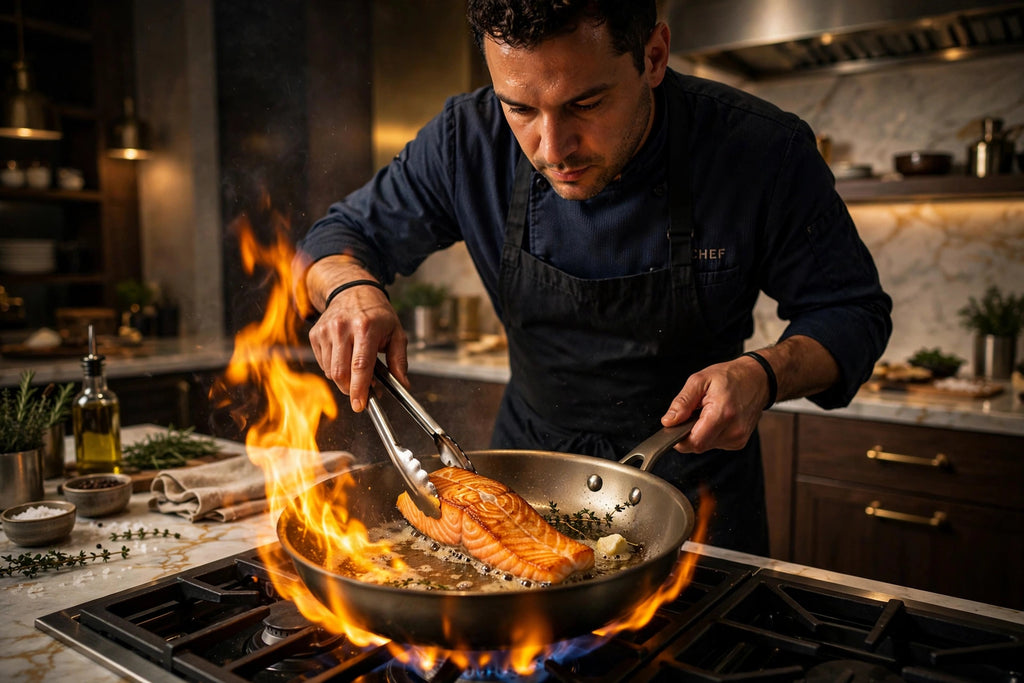Chef saisissant un filet de saumon dans la poêle en titane sur la flamme