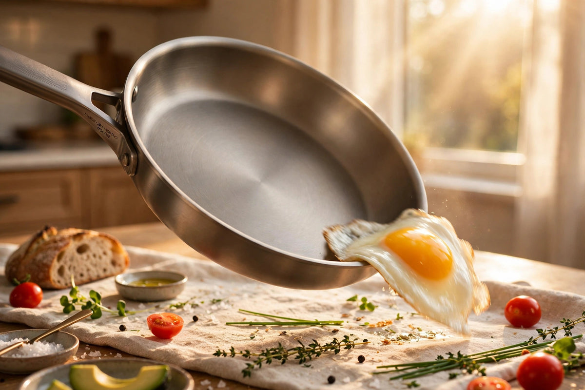 Œuf glissant sans effort dans la poêle en titane au petit matin