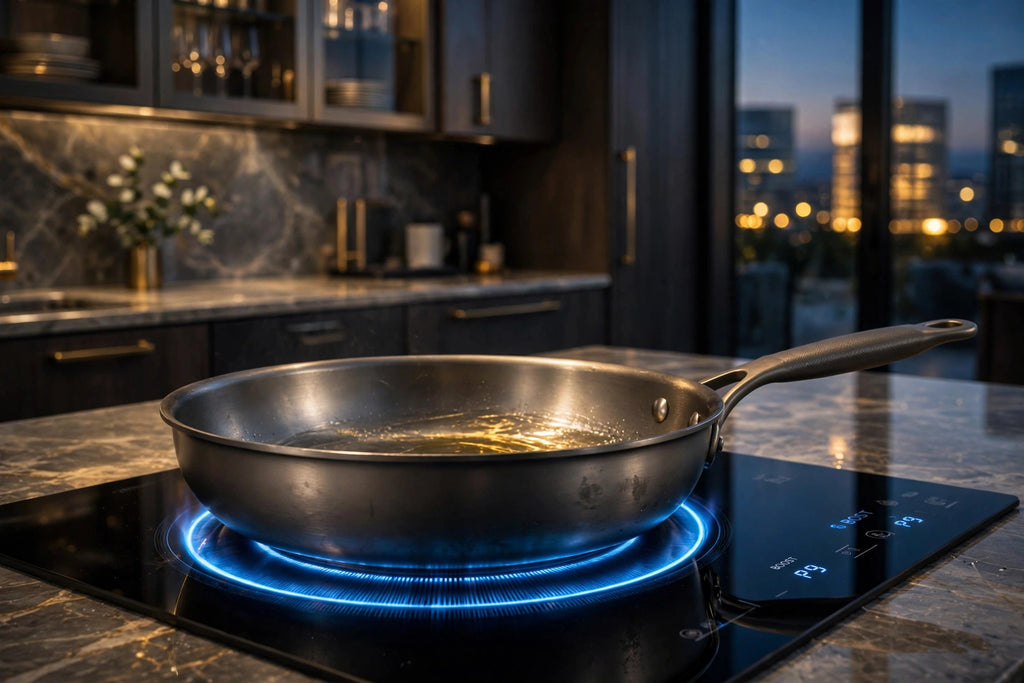 Poêle en titane sur plaque à induction dans une cuisine moderne au crépuscule