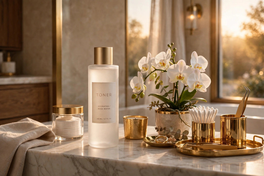 Flacon de toner EGF sur un meuble de salle de bain luxueux avec orchidées