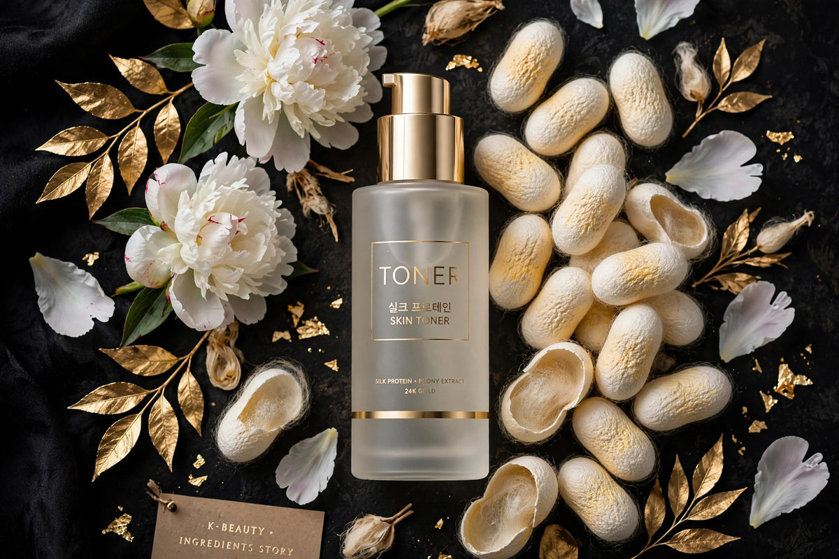 Toner EGF entouré de cocons de soie, pétales et feuilles dorées