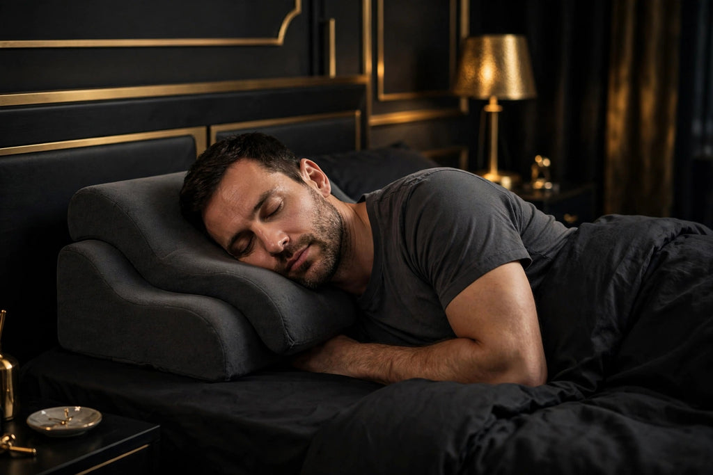 Homme dormant sur le côté, le côté haut de l'Oreiller Contour DULUXE calé sous la nuque