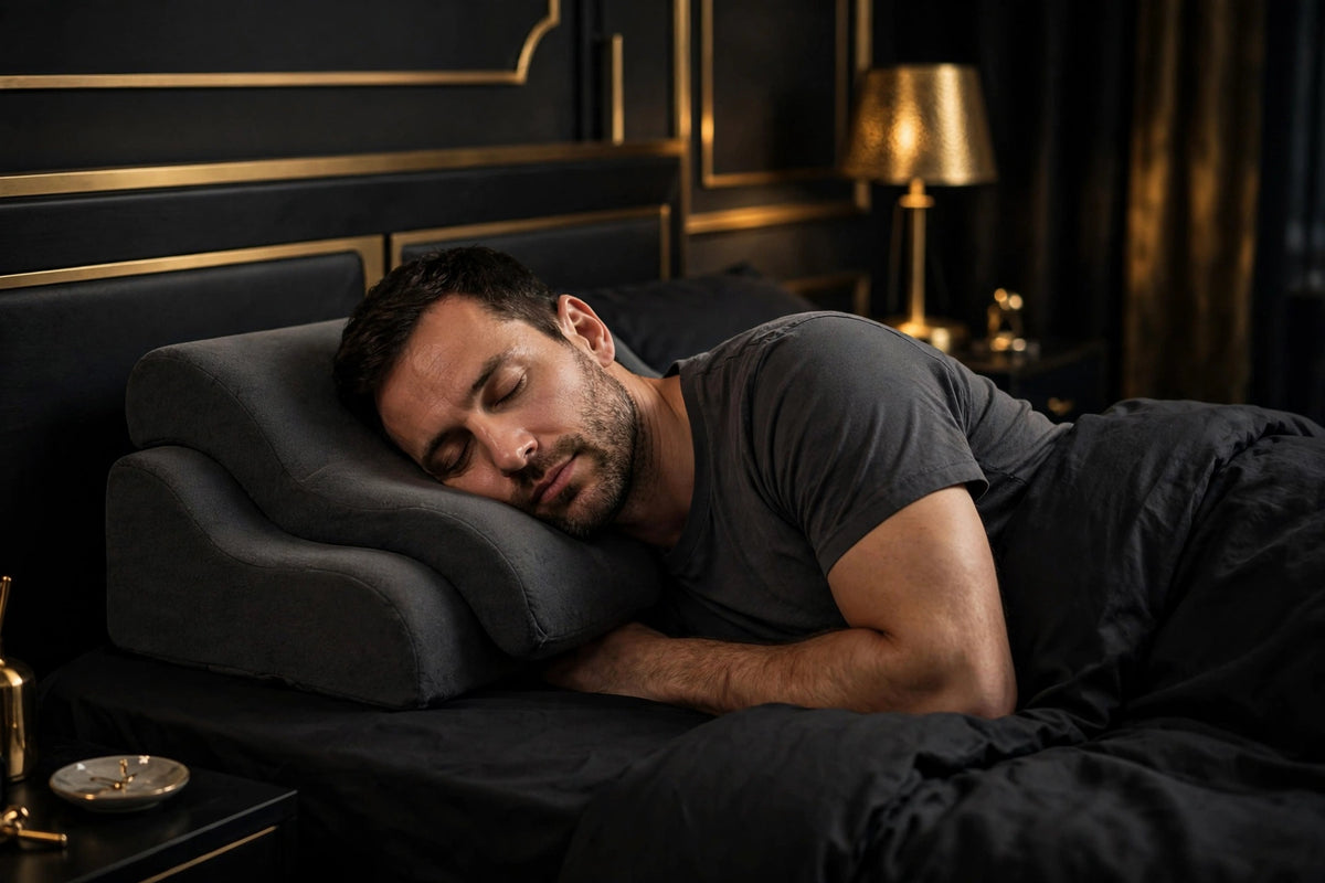 Homme dormant sur le côté, le côté haut de l'Oreiller Contour DULUXE calé sous la nuque