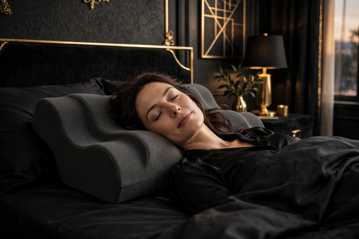 Femme dormant sur le dos, la tête dans le creux central de l'Oreiller Contour DULUXE gris foncé