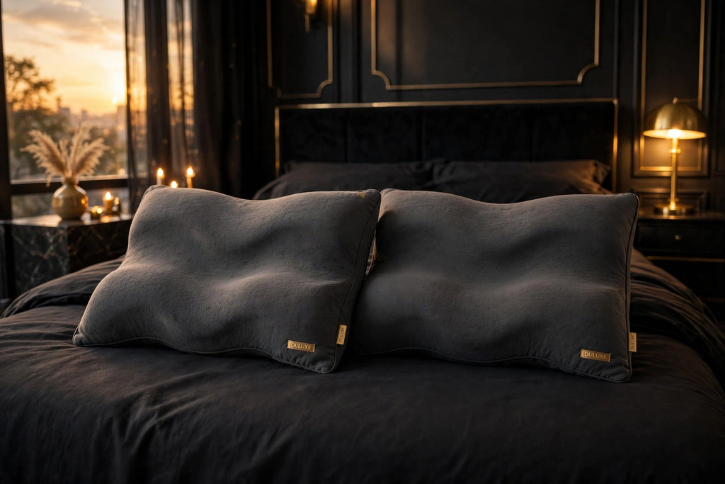 Format Duo : deux Oreillers Contour DULUXE gris foncé côte à côte sur un grand lit aux draps noirs