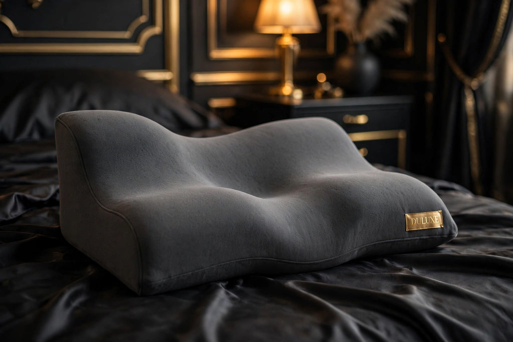 Oreiller Contour en Mousse à Mémoire DULUXE gris foncé au profil ondulé, présenté sur un lit premium noir et or