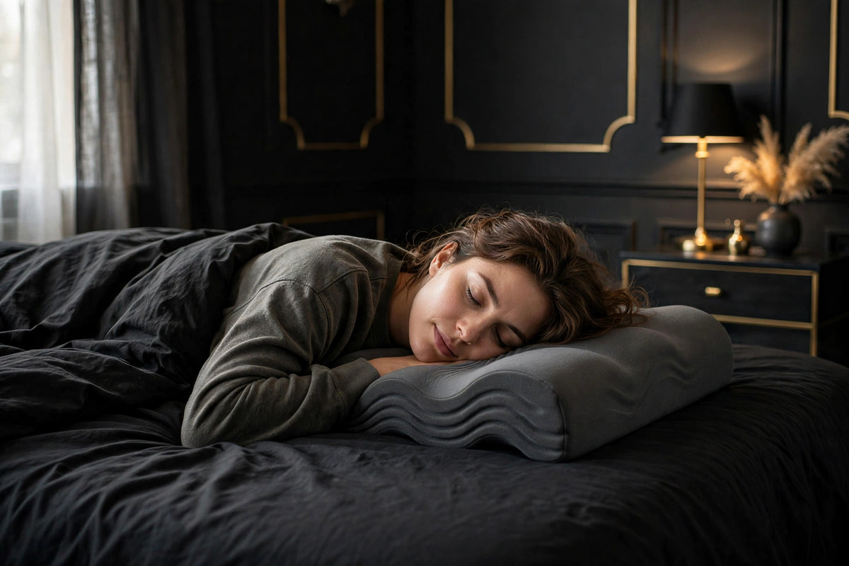 Personne dormant sur le ventre sur le côté bas de l'Oreiller Contour DULUXE gris foncé