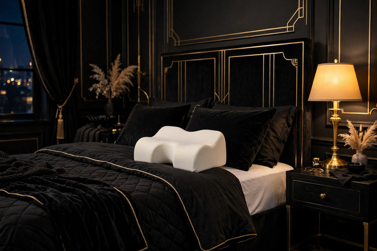 Oreiller pour Genoux DULUXE blanc dans une chambre élégante aux accents noir et doré