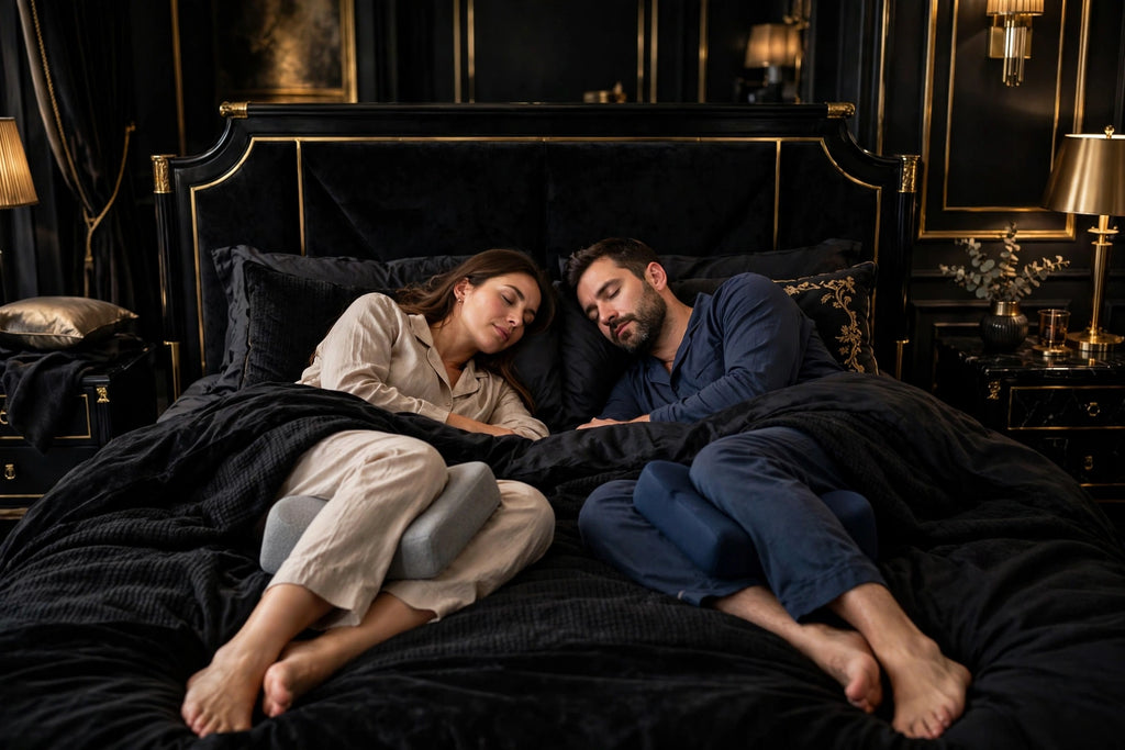 Format Duo DULUXE : deux oreillers pour genoux pour le couple, Gris et Bleu Marine