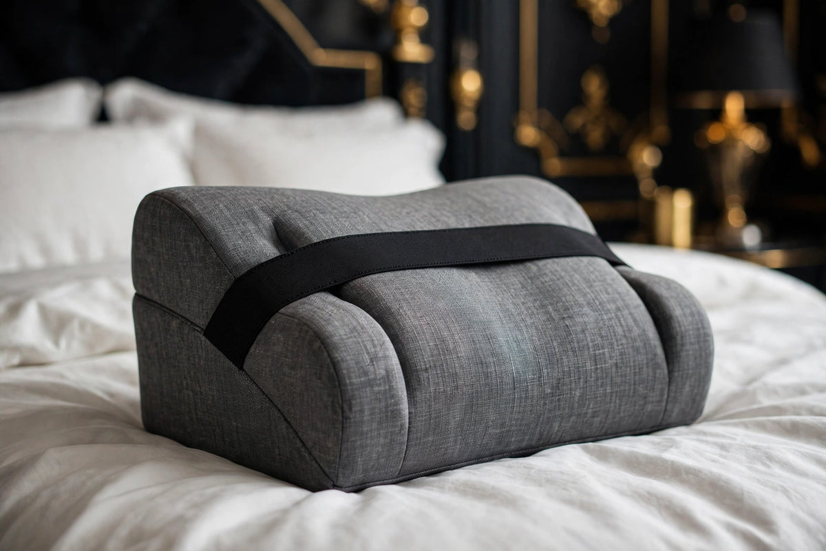 Oreiller pour Genoux en Mousse à Mémoire DULUXE – forme en coin grise avec sangle, sur un lit premium