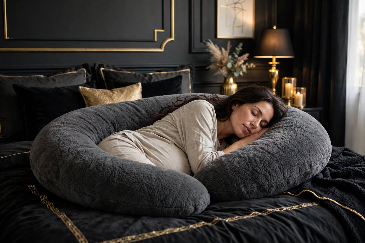 Oreiller de Grossesse en U DULUXE Gris Foncé – future maman dormant confortablement sur le côté, ventre et dos soutenus