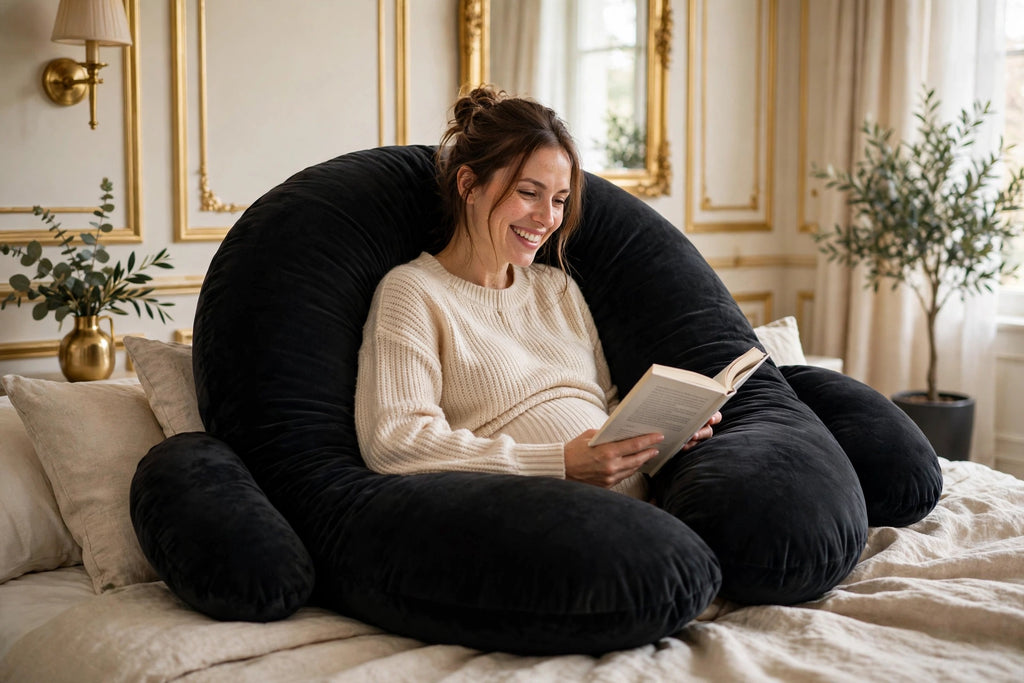 Lire au lit bien calée dans l'Oreiller de Grossesse en U DULUXE Noir