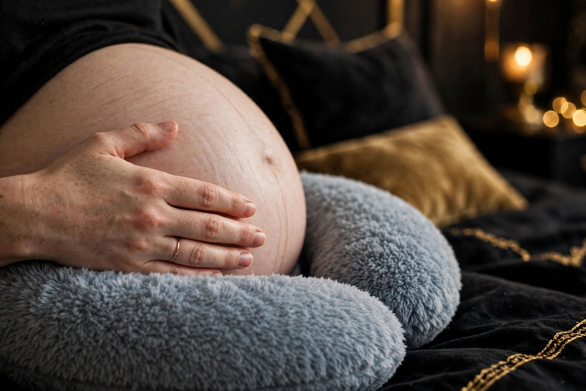 Le ventre rond confortablement soutenu par l'Oreiller de Grossesse en U DULUXE Gris Bleu