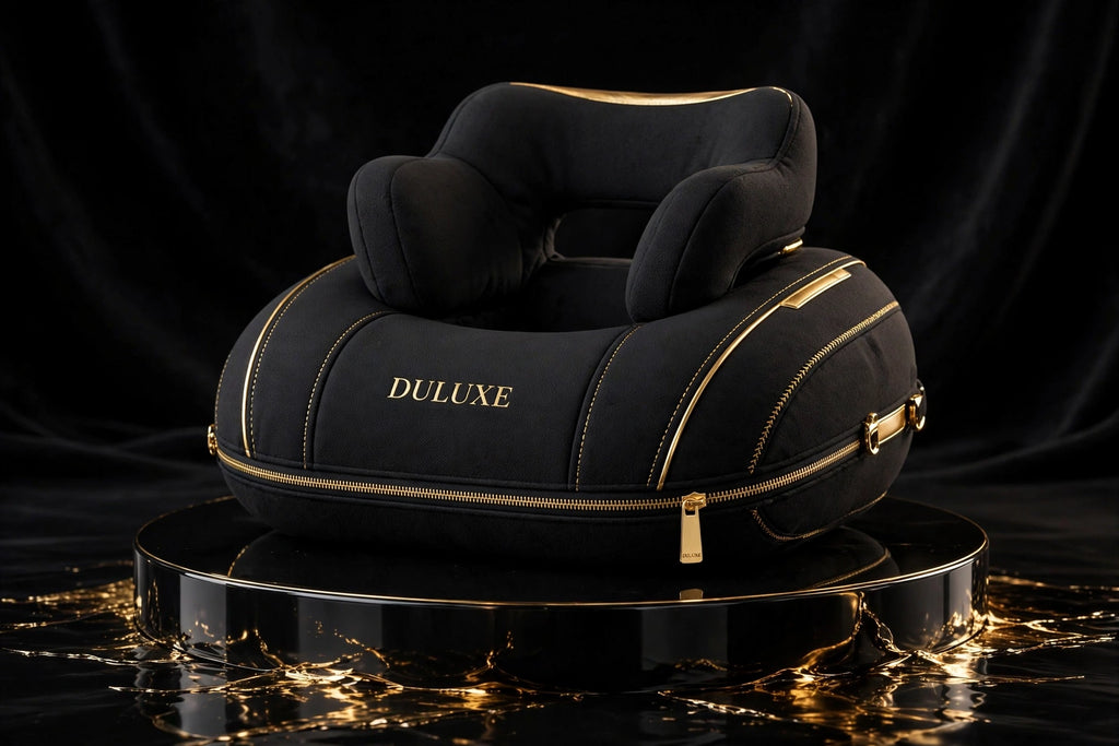 Oreiller de Voyage à Maintien de Tête DULUXE – noir et doré sur fond noir et or