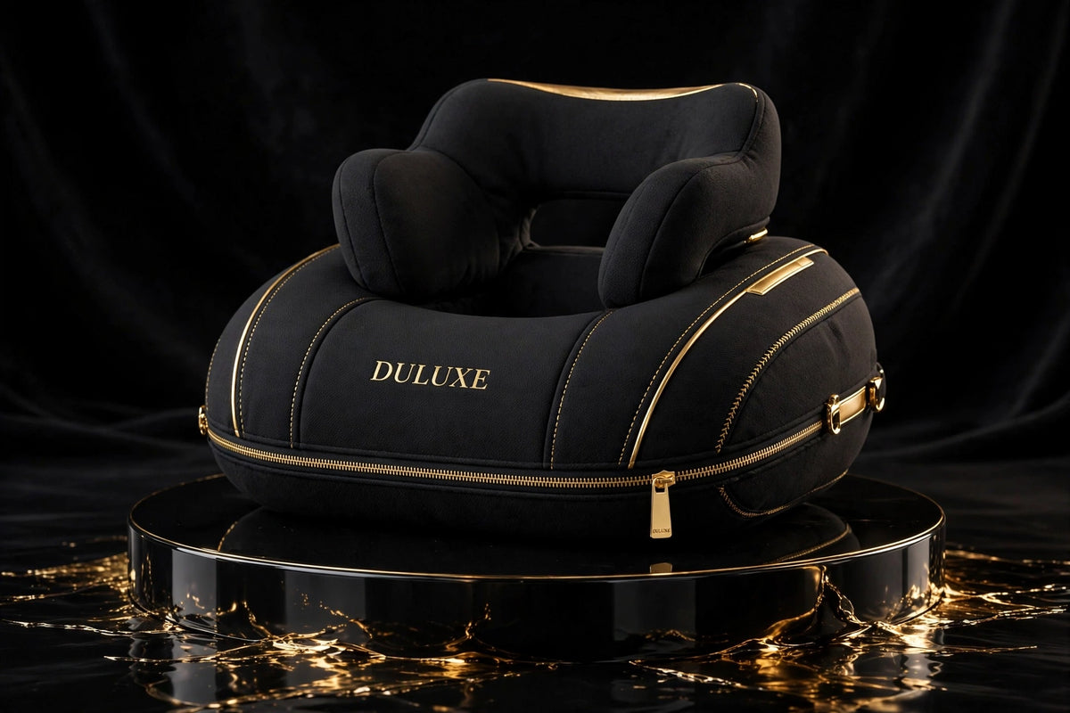 Oreiller de Voyage à Maintien de Tête DULUXE – noir et doré sur fond noir et or