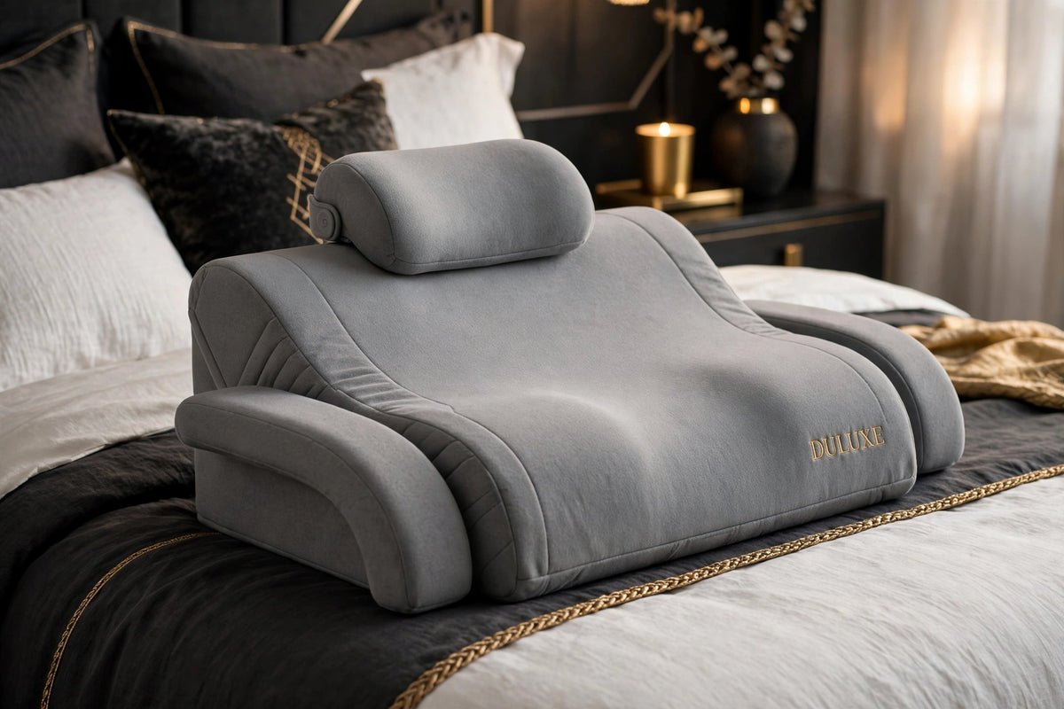 Oreiller de Lecture Ventrale en Mousse à Mémoire DULUXE gris avec appui-tête, sur un lit premium noir et doré