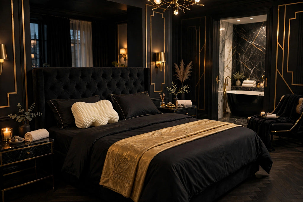 Oreiller Cervical Nid d'Abeille DULUXE dans une chambre luxueuse aux accents noir et doré