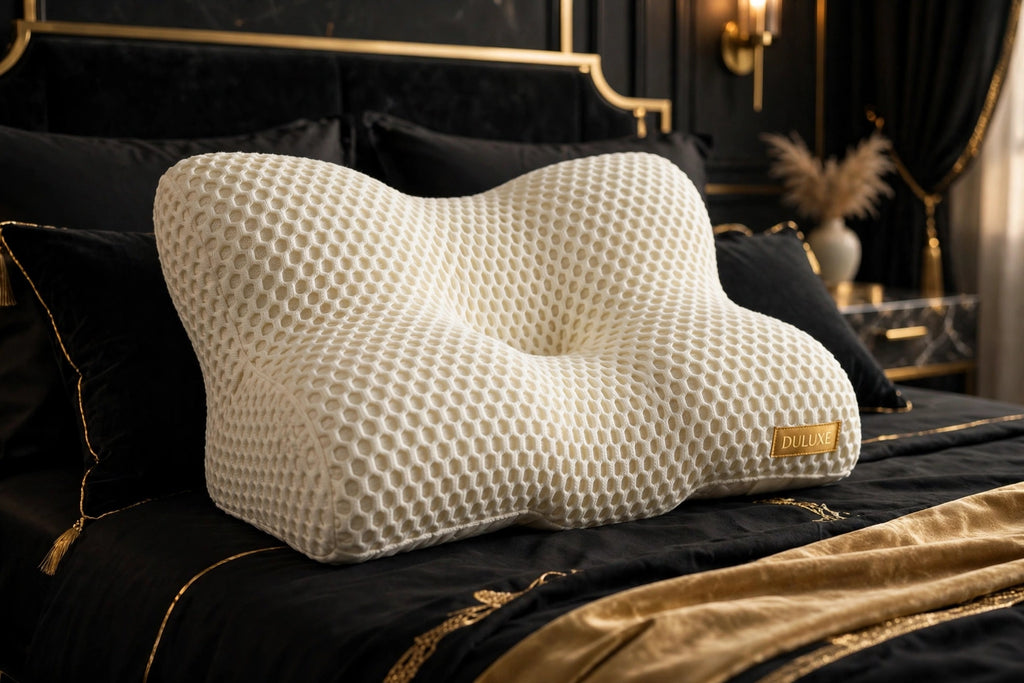 Oreiller Cervical Nid d'Abeille DULUXE – texture alvéolée tricotée, sur un lit premium noir et doré