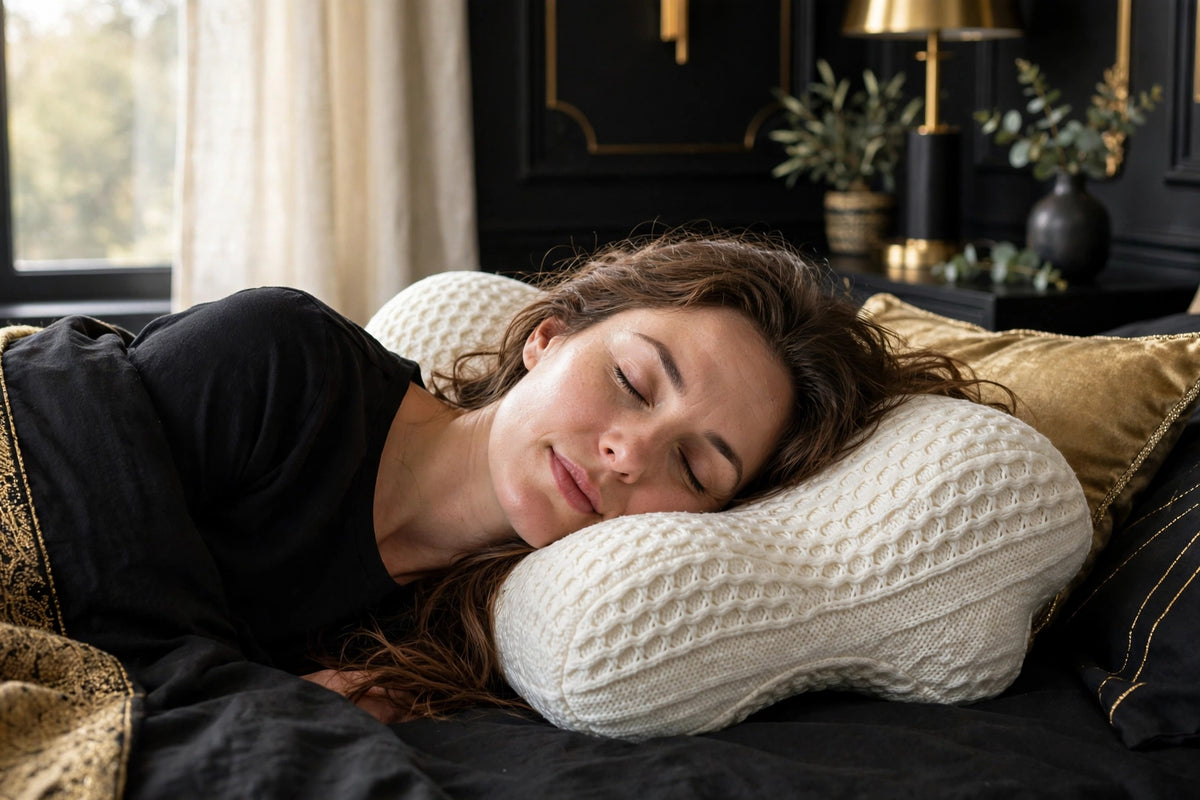Femme dormant sur le côté, nuque soutenue par l'Oreiller Cervical Nid d'Abeille DULUXE