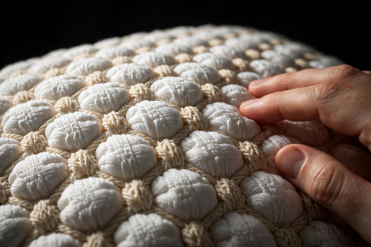 Gros plan de la texture nid d'abeille 3D en coton tricoté de l'Oreiller Cervical DULUXE – effet massage doux