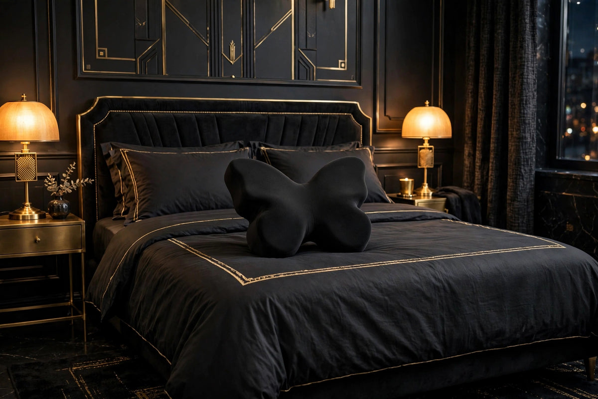 Oreiller Cervical Papillon DULUXE noir dans une chambre élégante aux accents noir et doré