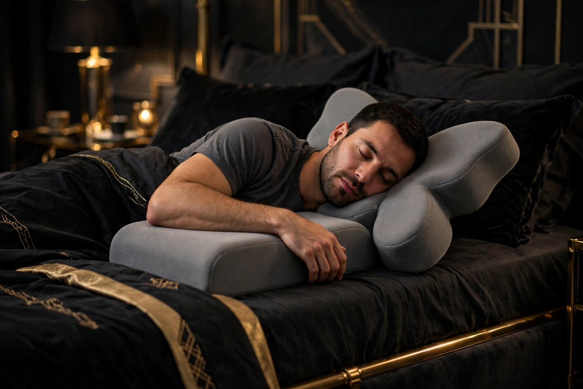 Homme dormant sur le côté sur l'Oreiller Cervical Papillon DULUXE gris, le bras sur le repose-bras intégré