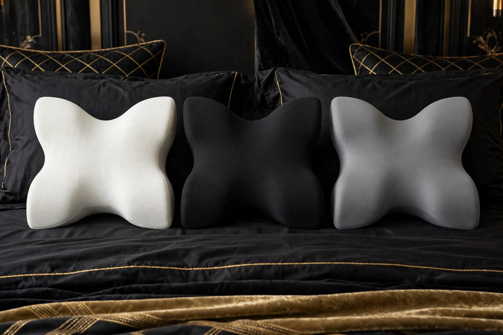 Les 3 couleurs de l'Oreiller Cervical Papillon DULUXE : Blanc, Noir et Gris