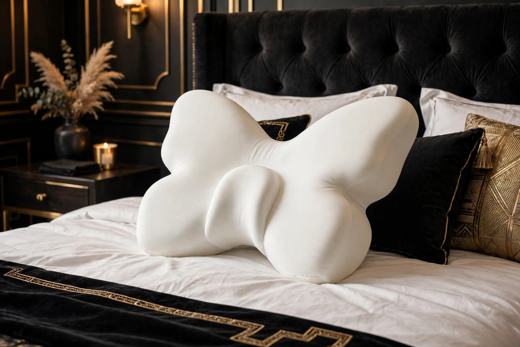 Oreiller Cervical Papillon en Mousse à Mémoire DULUXE blanc – forme papillon ergonomique sur un lit premium noir et doré
