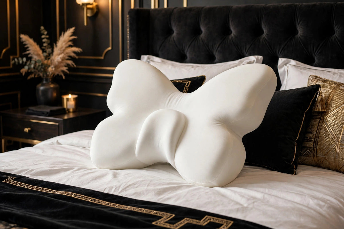 Oreiller Cervical Papillon en Mousse à Mémoire DULUXE blanc – forme papillon ergonomique sur un lit premium noir et doré