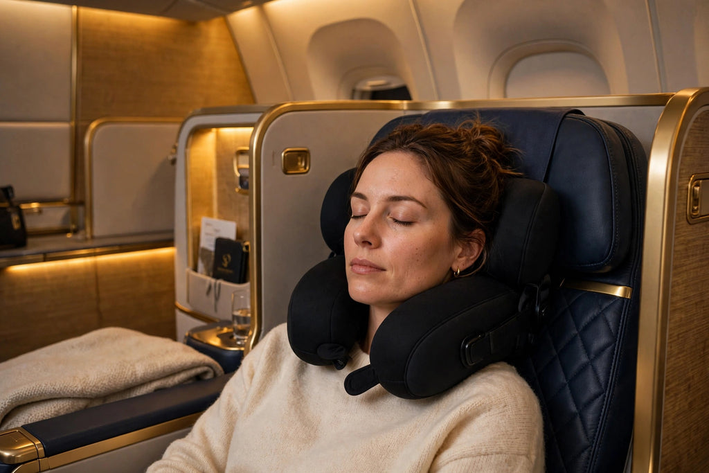 Sommeil paisible en avion, tête maintenue par l'Oreiller de Voyage DULUXE