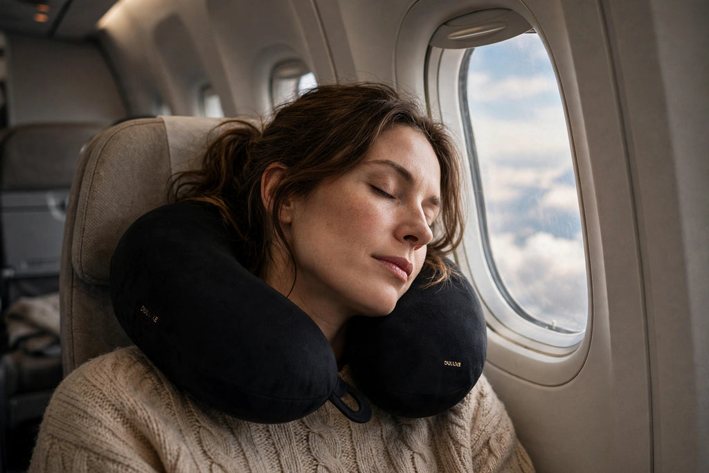 Femme dormant confortablement en avion avec l'Oreiller de Voyage en U DULUXE noir
